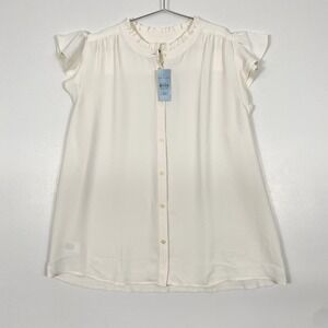 Ann Taylor Blouse Womens Petite Large Ivory Flutter Sleeve Button Front Tunic